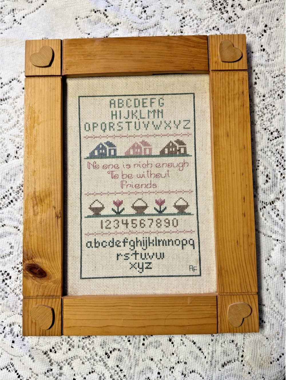 Vintage 1998 Cross Stitch Friendship Sampler Handmade Wood Heart Frame 12x16